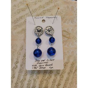 Silver button drop earrings with Blue beads -1 3/4" drop